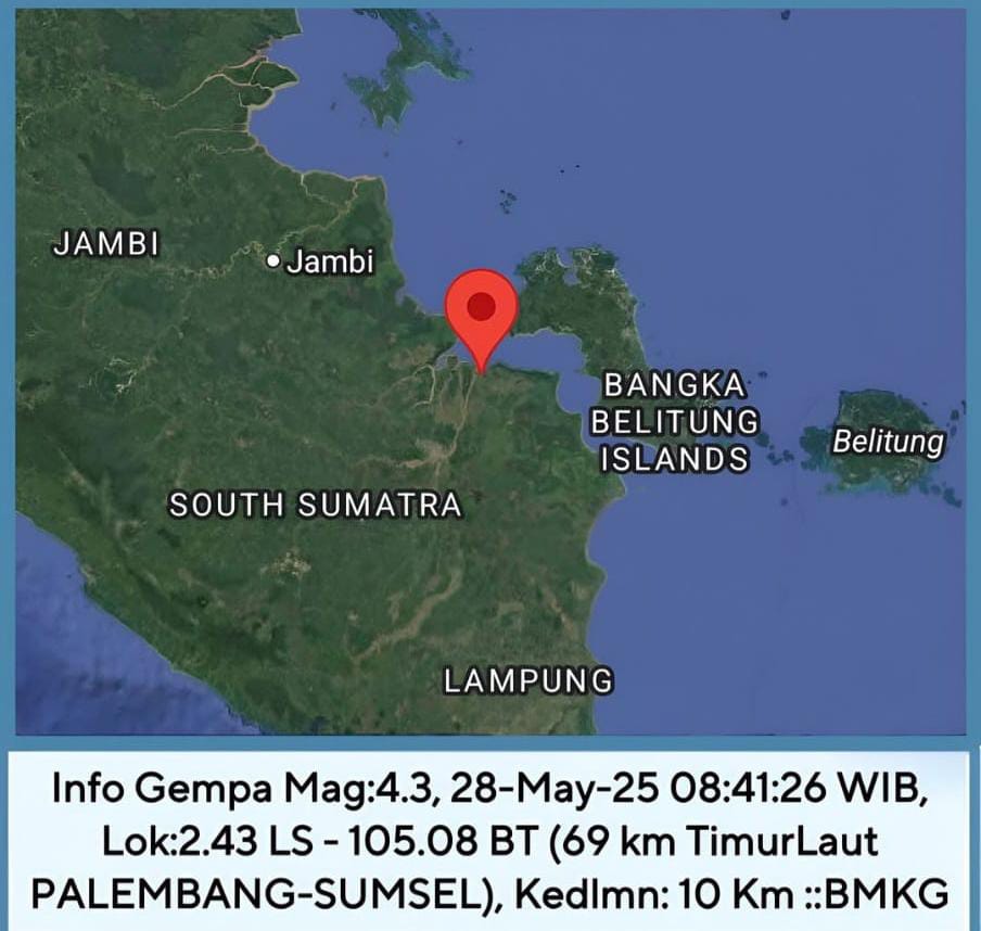Gempa Magnitudo 4,3 Guncang Banyuasin, Tak Ada Korban Jiwa