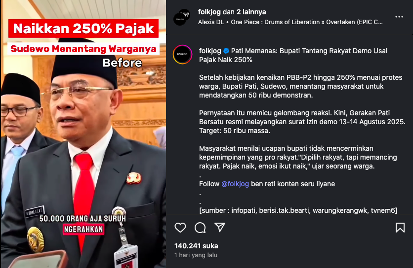 Bupati Pati Naikkan Tarif PBB-P2 Hingga 250 Persen, Warga Geruduk Kantor Pemkab