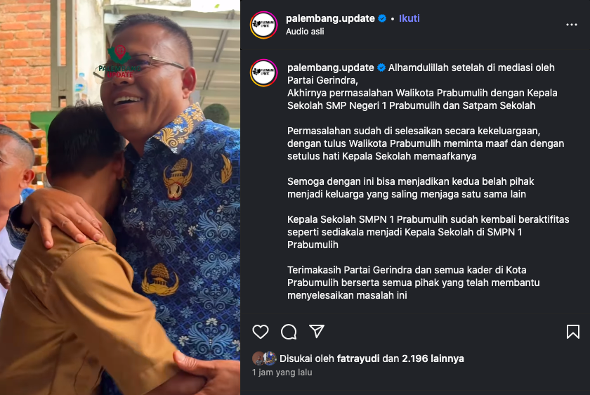 Wali Kota Prabumulih Temui Kepsek dan Satpam yang Sempat Dipecat, Kasih Hadiah Motor Listrik dan Minta Maaf