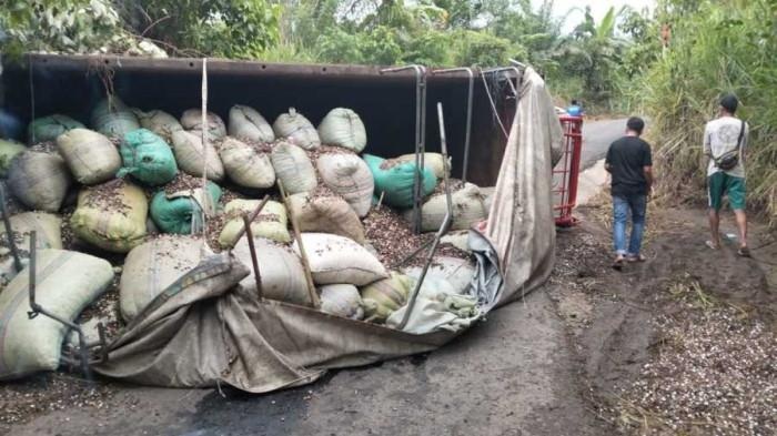 Tak Kuat Menanjak, Truk Muatan 10 Ton Kulit Kemiri di Empat Lawang Terbalik