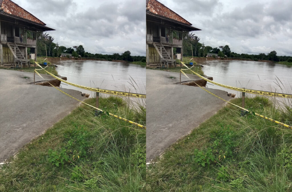 Jalan di Bingin Teluk Longsor, Puluhan Rumah dan Sekolah Terancam Hanyut ke Sungai Rawas