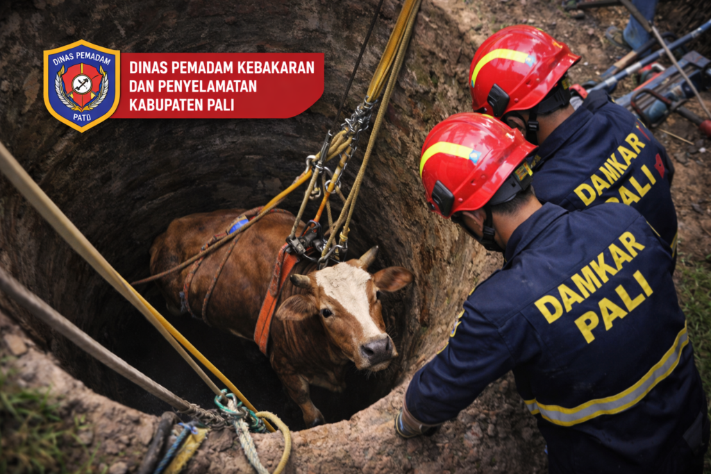Sapi Terjebak di Sumur 6 Meter, Damkar PALI Lakukan Evakuasi Selama Satu Jam