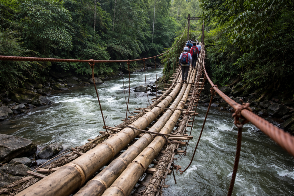 Jembatan Gantung Desa Gunung Karto Lahat Mengkhawatirkan, Warga Terpaksa Menyeberang di Atas Bambu