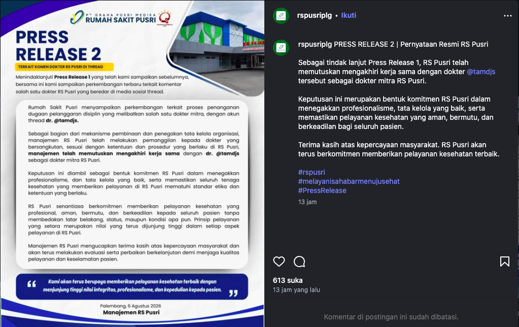 RS Pusri Putus Kerja Sama dengan Dokter yang Viral Usai Komentar Soal Pasien BPJS