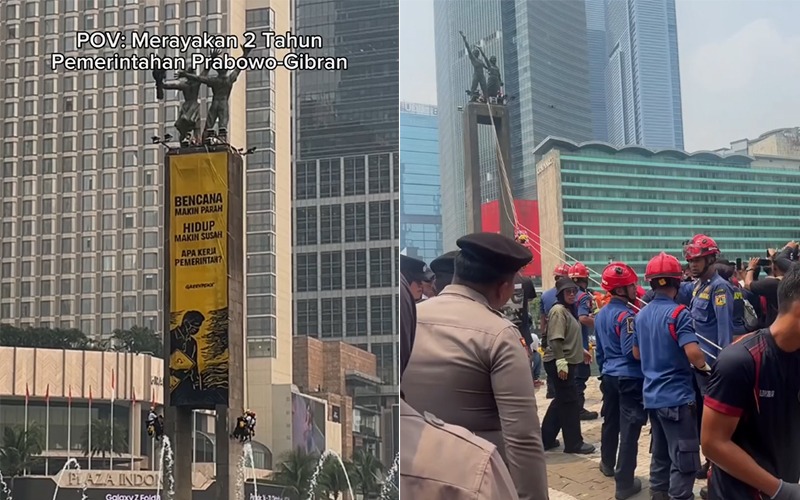 Enam Pemanjat Greenpeace Diamankan Usai Bentangkan Baliho di Bundaran HI, Bawa Pesan Soal Karhutla dan Biaya Hidup Mencekik